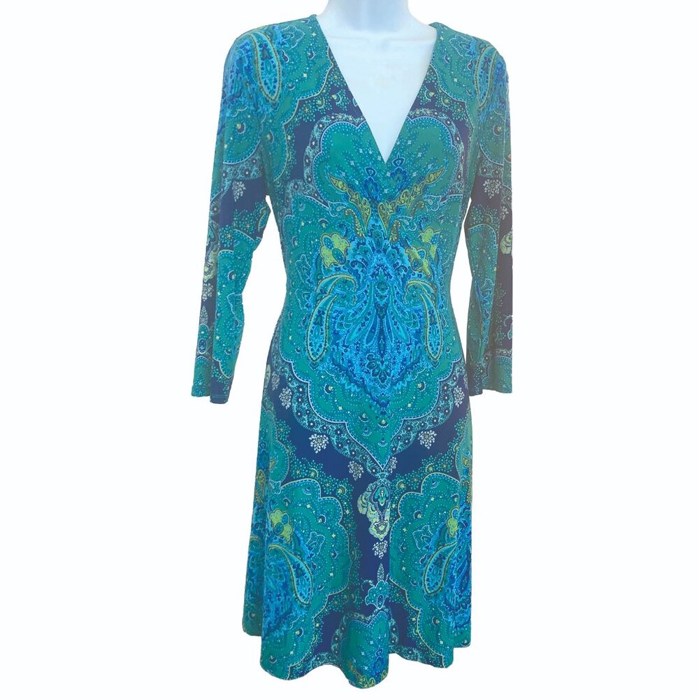 INC International Concepts, green and blue pattern dress, size M